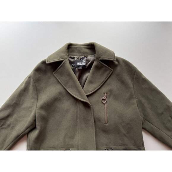 LOVE MOSCHINO Olive Green Felted Wool Car Coat, Size 2 - Picture 7 of 15